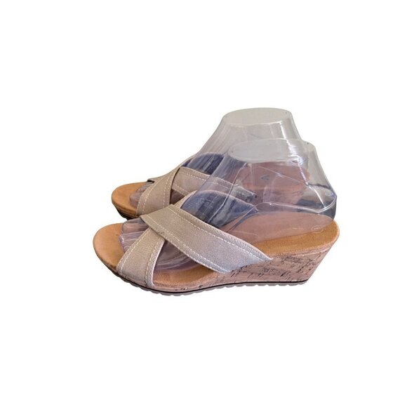 Dr Scholls Sandals Womens 8  Criss Cross Strap Cork Wedge 551792185 Beige Slip O - Picture 1 of 8